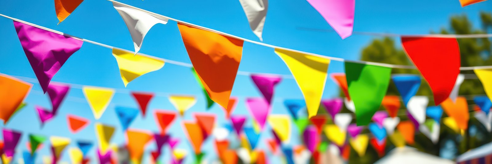 Colorful pennant banners decorate a vibrant outdoor festival during a sunny day in a lively neighborhood